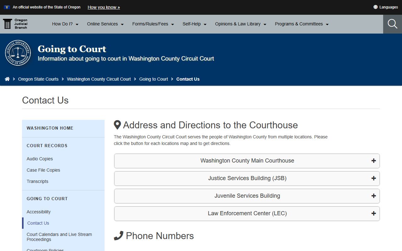 Washington County court records contact and courthouse location page