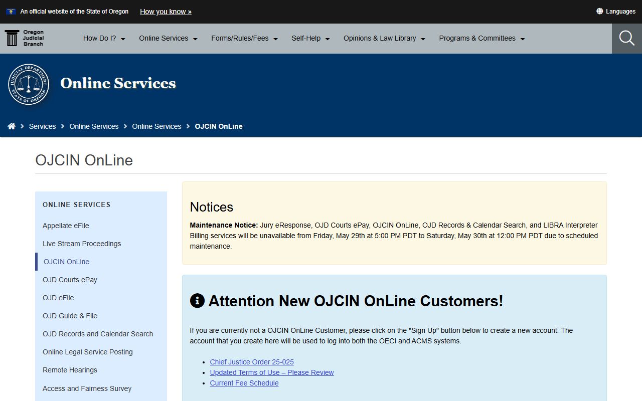 OJCIN Online paid Washington County court records subscription page