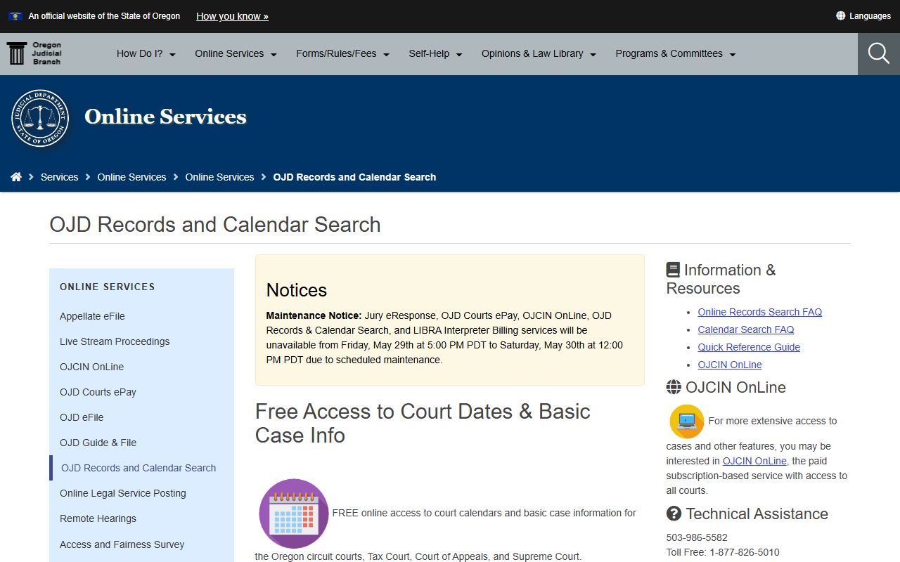 Washington County court records search gateway on the Oregon Judicial Department site