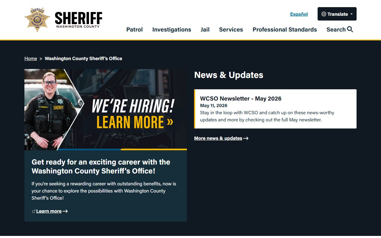Washington County Sheriff home page used for inmate and arrest records