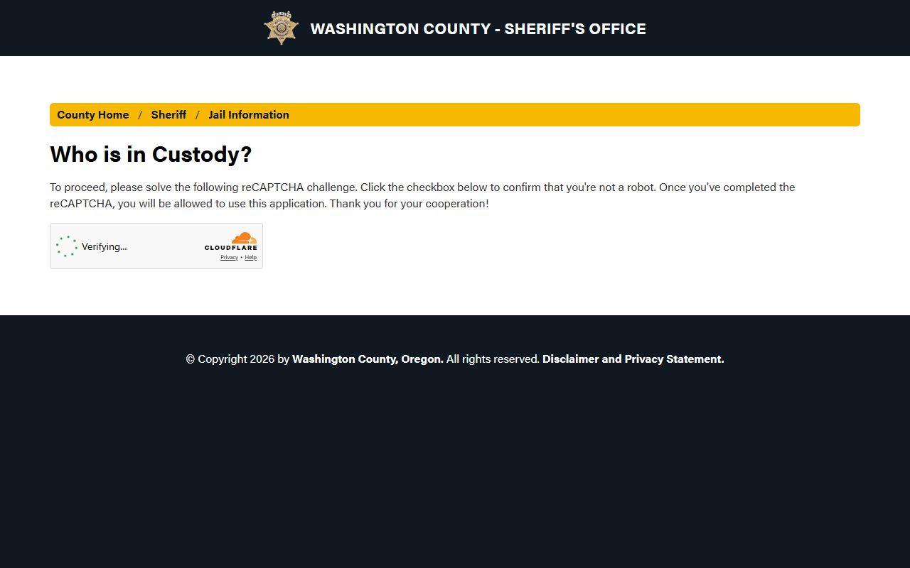 Washington County jail roster and inmate records custody search page