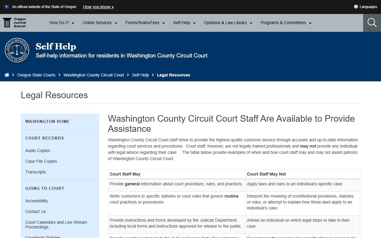 Washington County Clerk of Court legal resources page for court records help