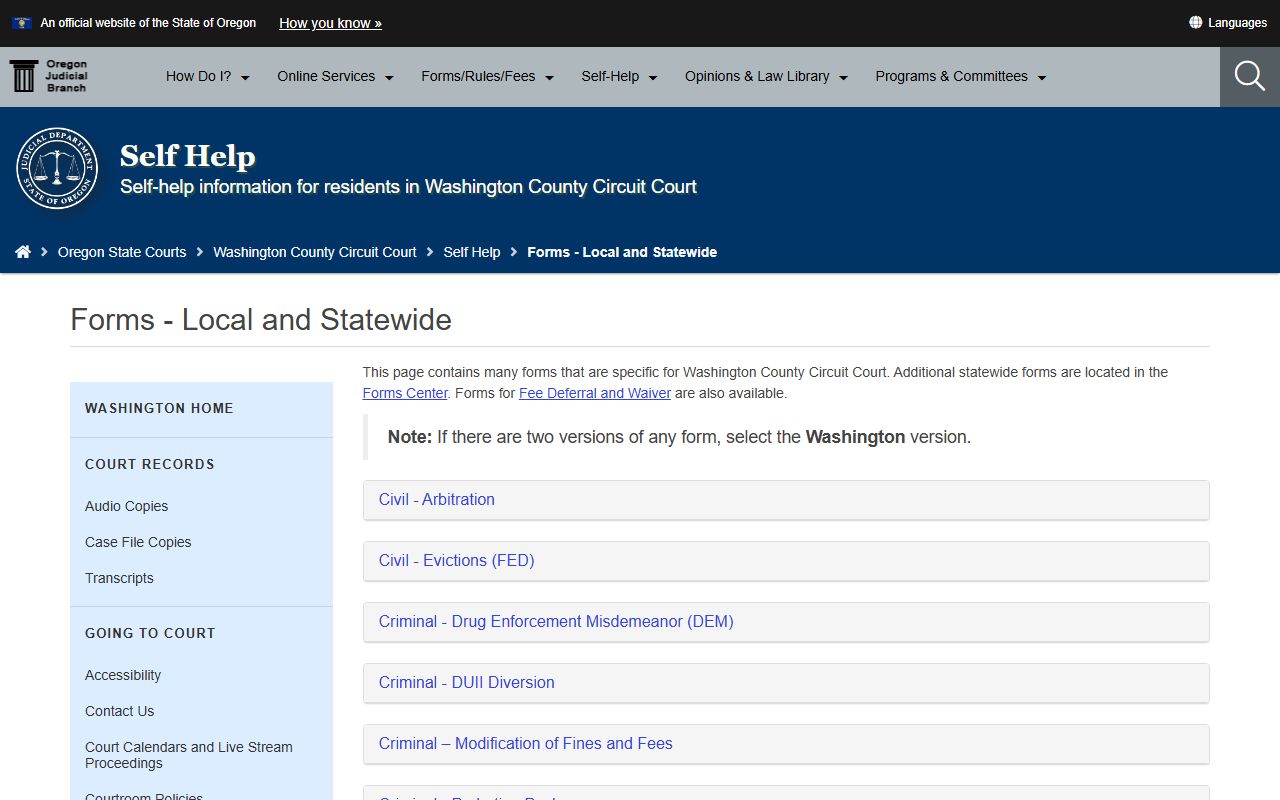 Washington County Clerk of Court records office forms page for court filings