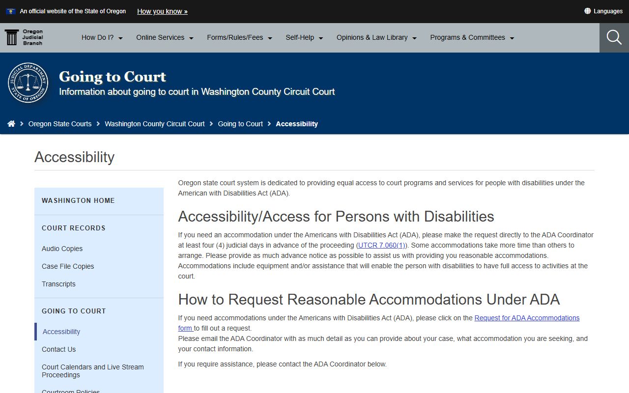 Washington County Clerk of Court accessibility and ADA page for court records access