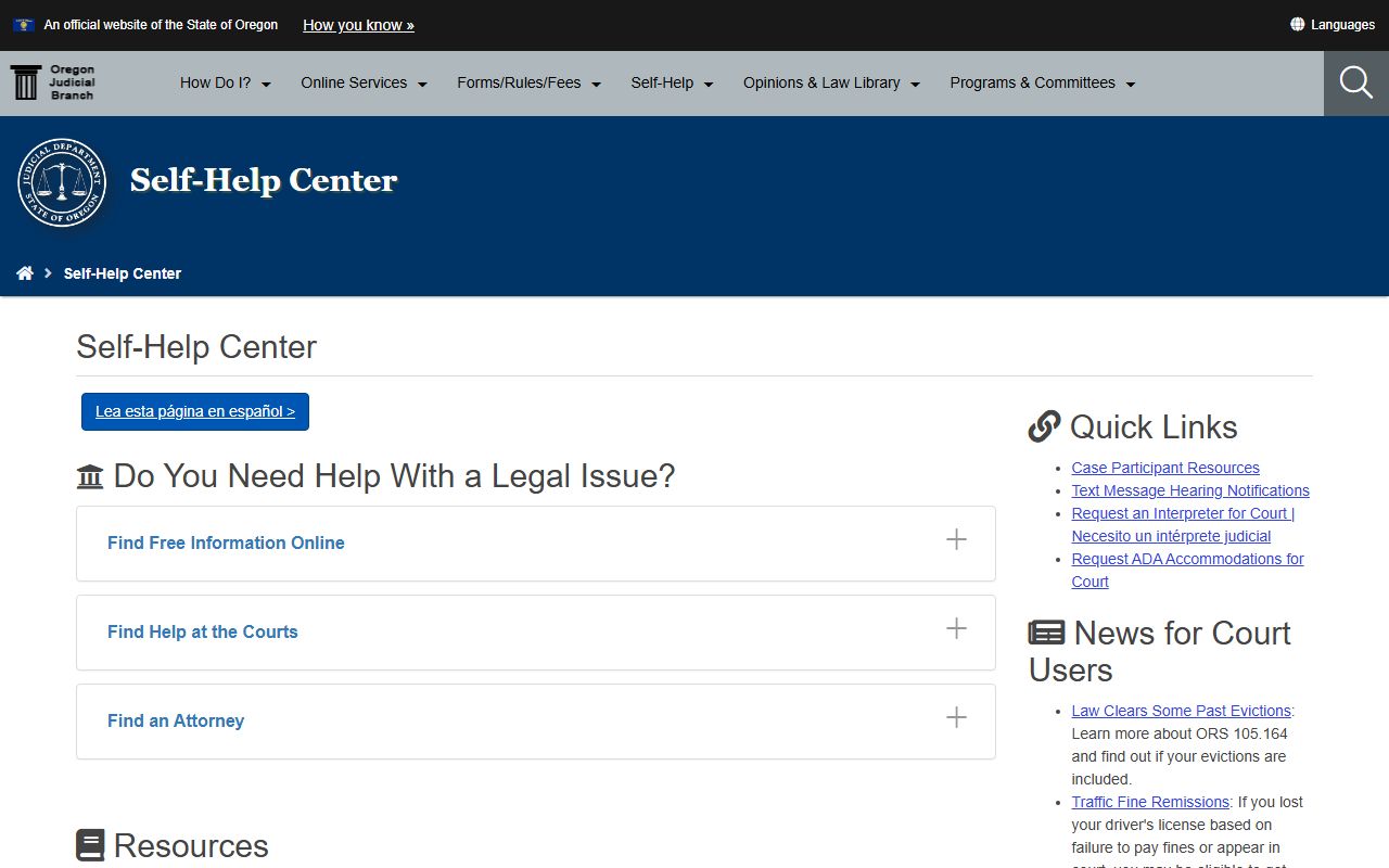 Oregon Judicial Department self-help center for Washington County court records