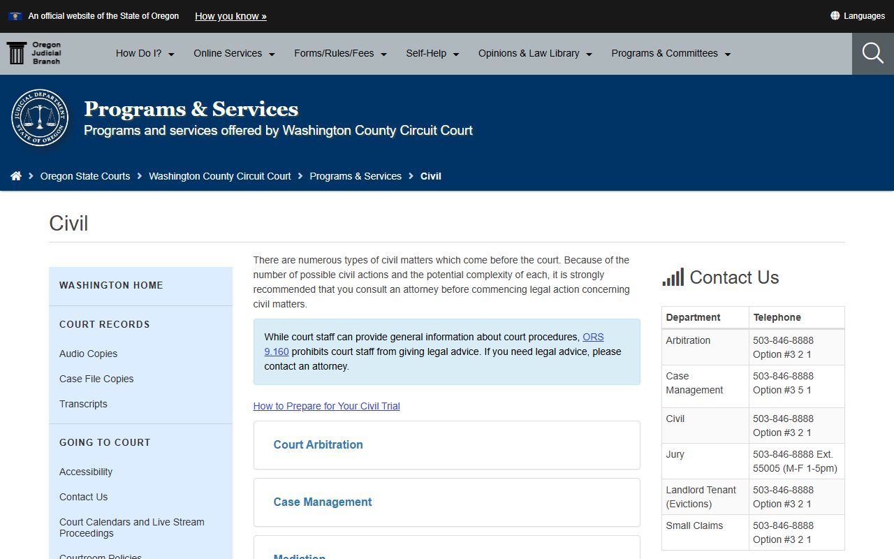 Washington County court dockets civil program page on the OJD site