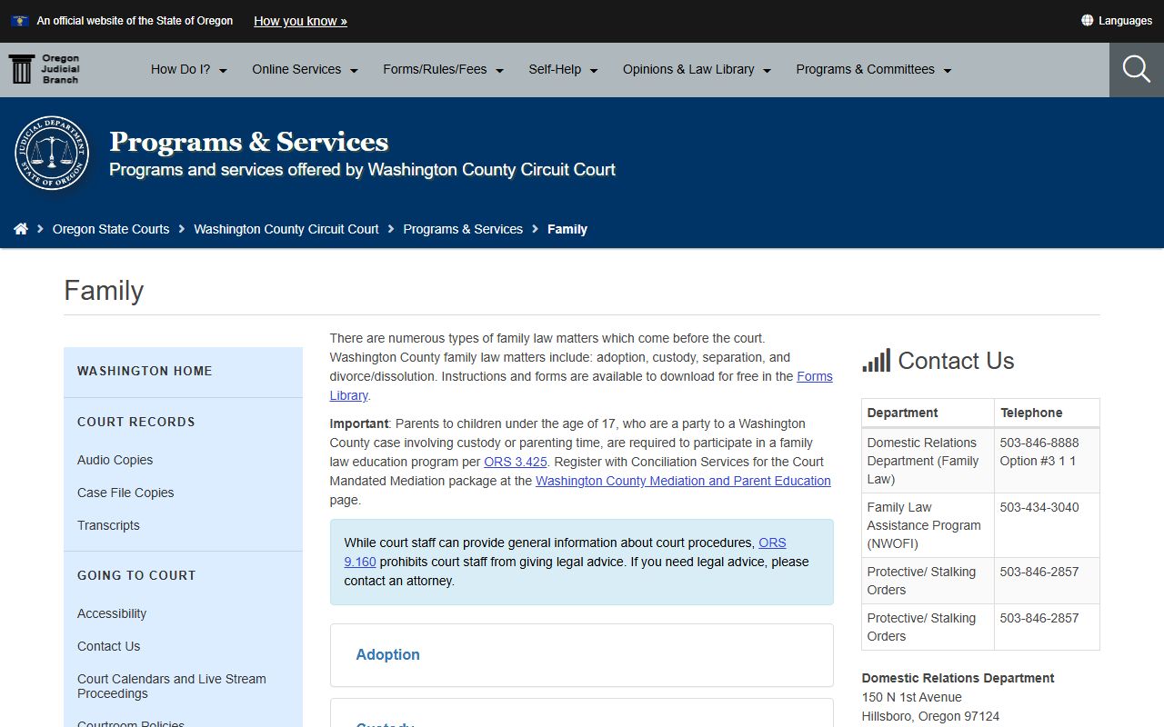 Washington County court dockets family program page on the OJD site