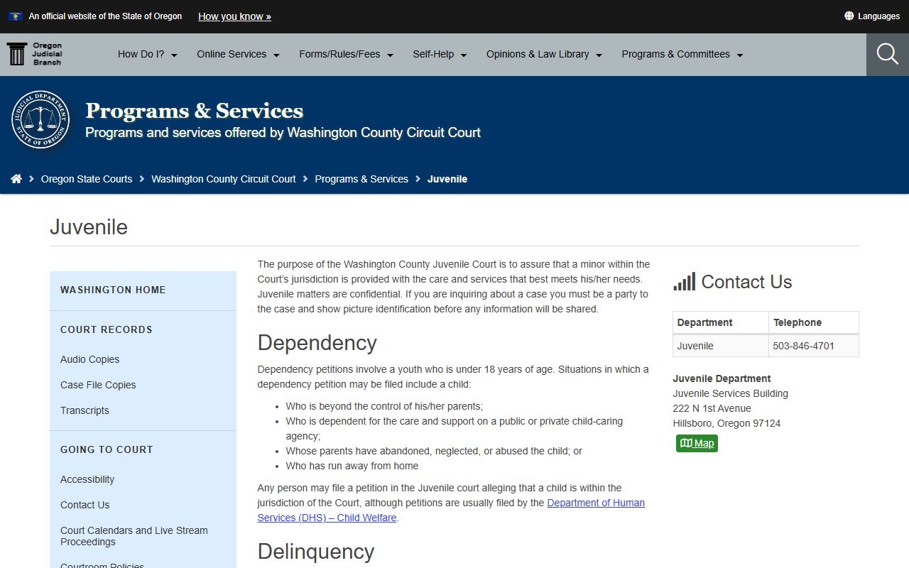 Washington County court dockets juvenile program page on the OJD site