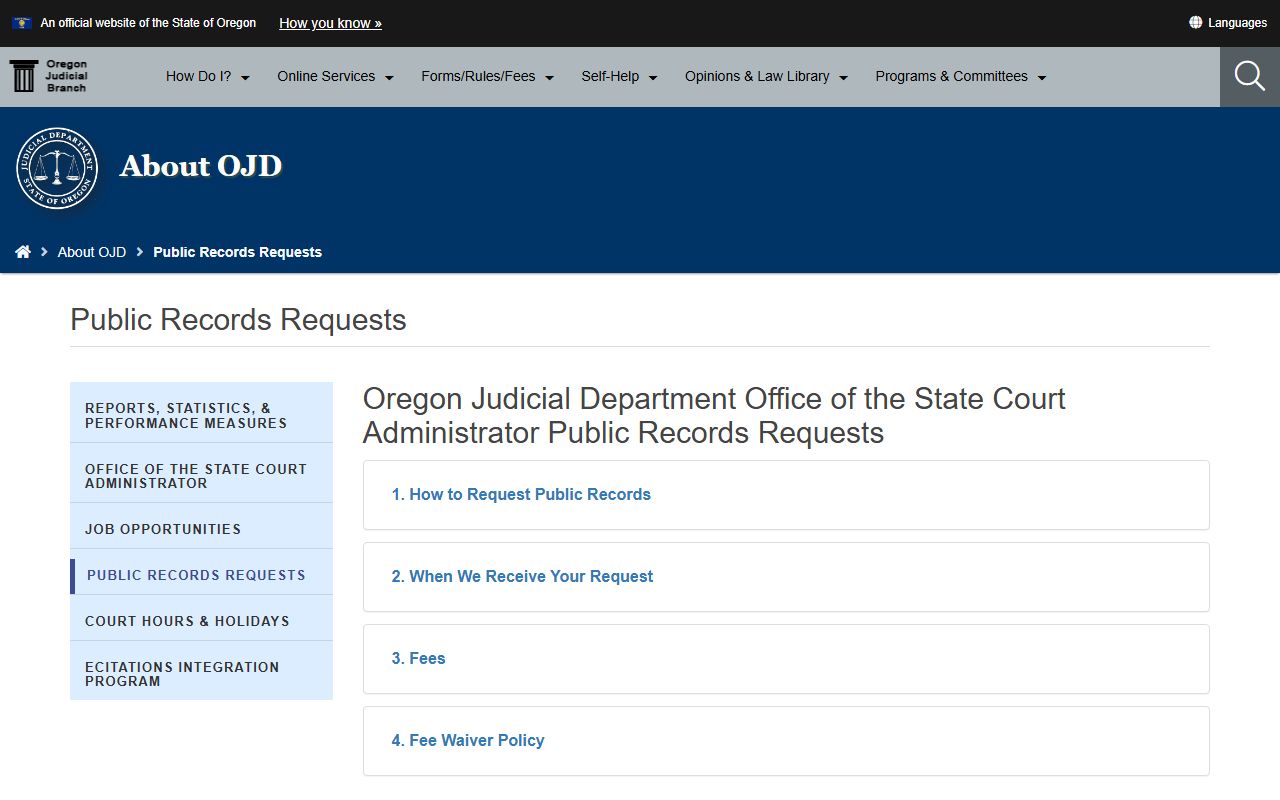 Washington County court records request channel on the OJD public records page