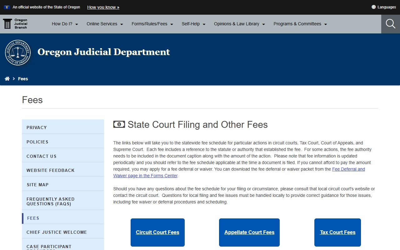 Washington County court records fees on the Oregon Judicial Department fee page