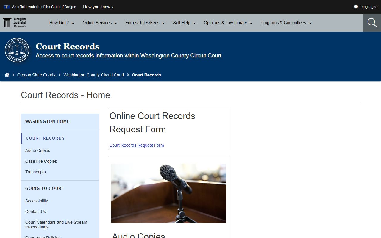 Washington County court records section on the Oregon Judicial Department site