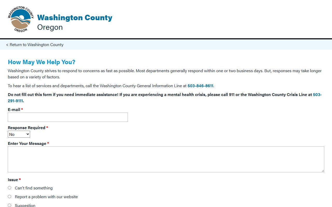 Washington County contact form for court records and county questions