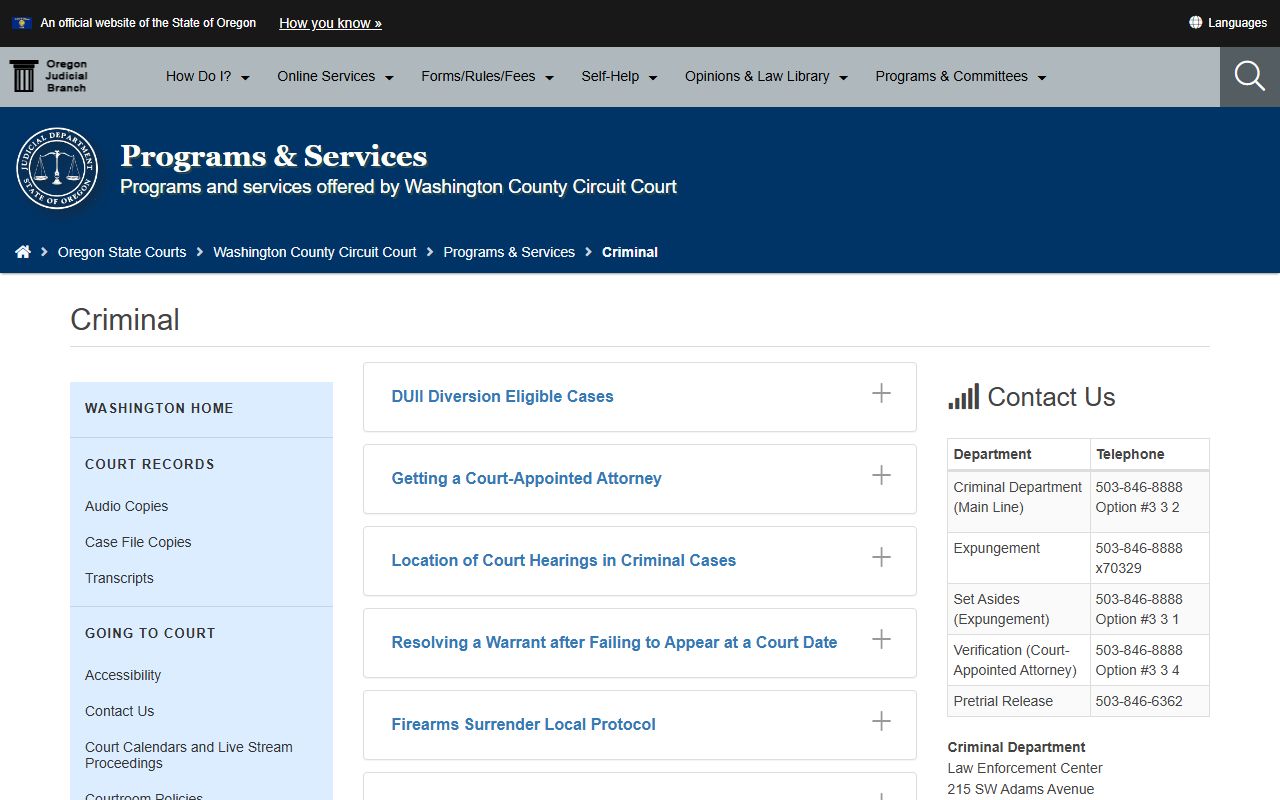Washington County arrest records and criminal case program page on the Oregon Judicial Department site