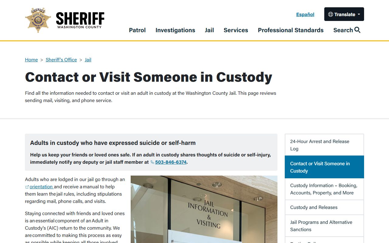 Washington County jail contact and visit page for inmate records and custody visits