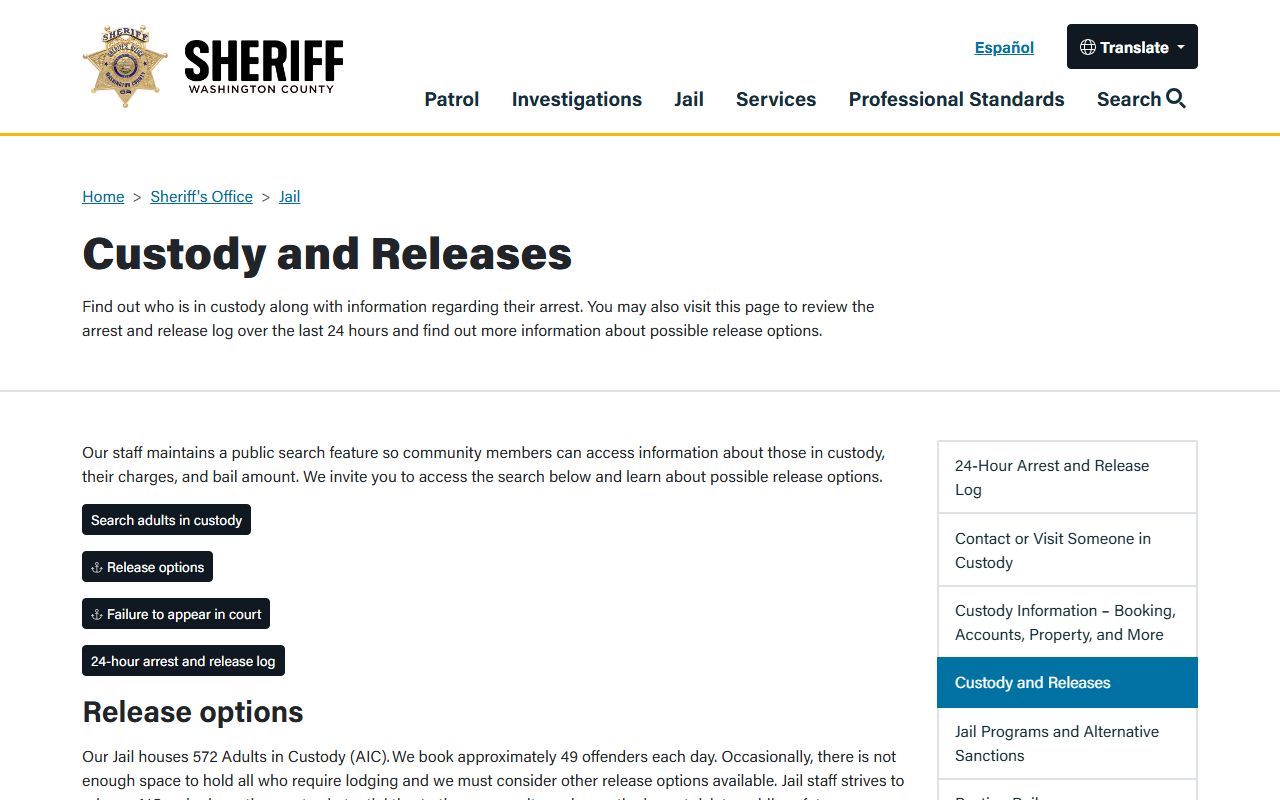 Washington County custody and releases page for inmate records and jail roster help
