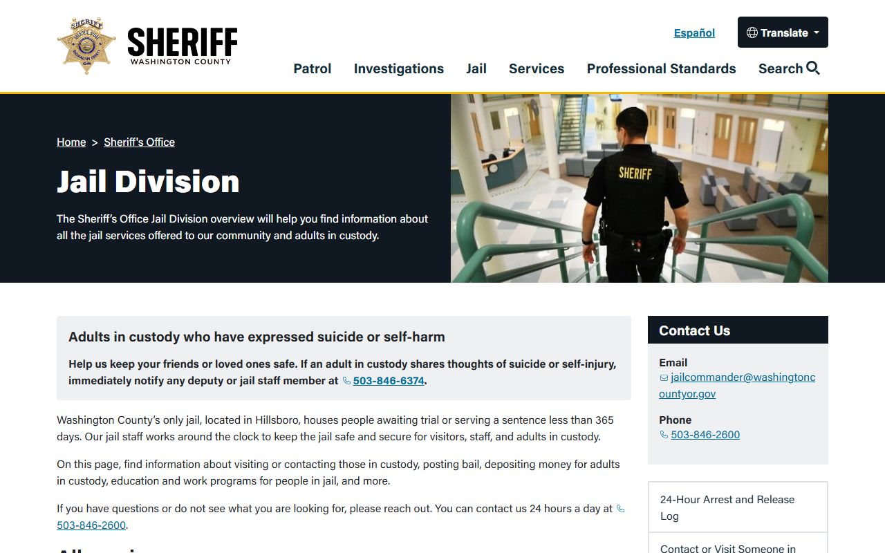 Washington County jail division page used for inmate records and custody lookups