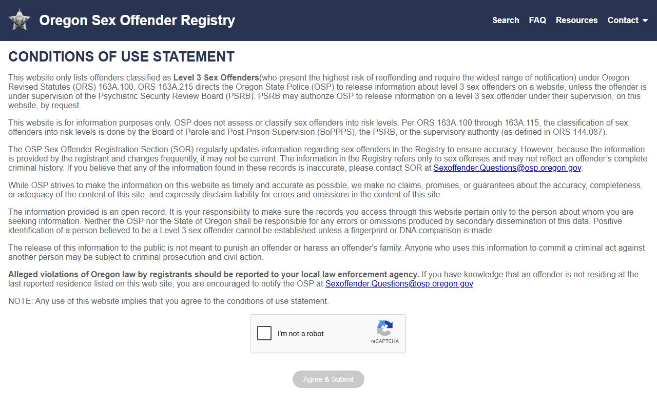 Oregon State Police sex offender registry related to Washington County inmate records