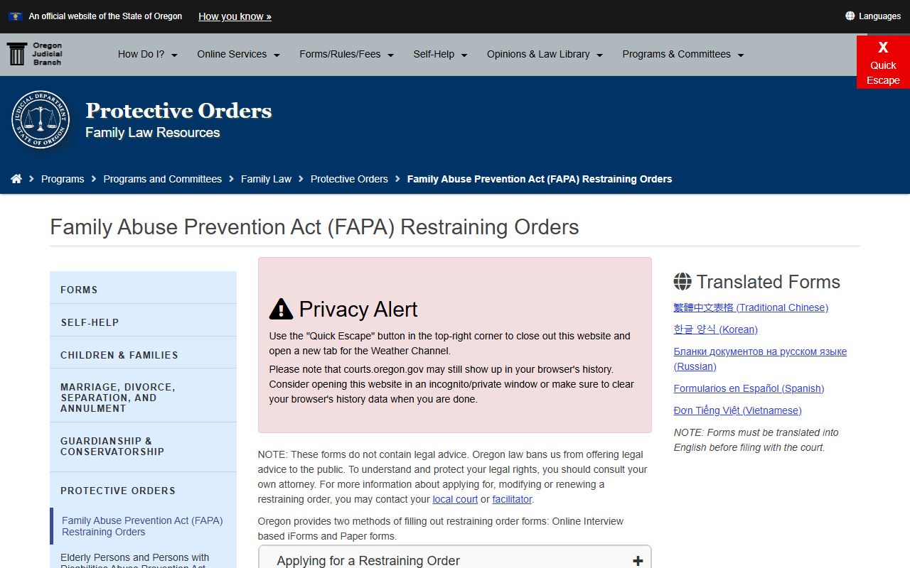 Washington County divorce records restraining order resource on the Oregon courts domestic violence page