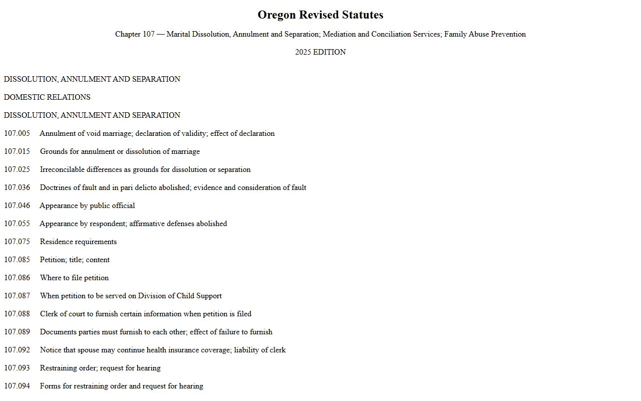 Washington County divorce records statute ORS chapter 107 dissolution on the Oregon Legislature site