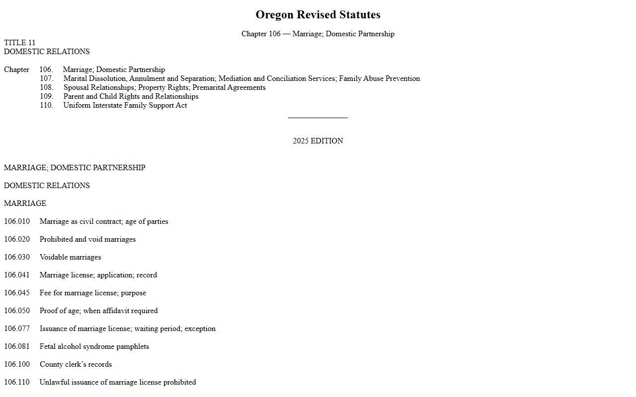 Washington County marriage records statute ORS chapter 106 on the Oregon Legislature site