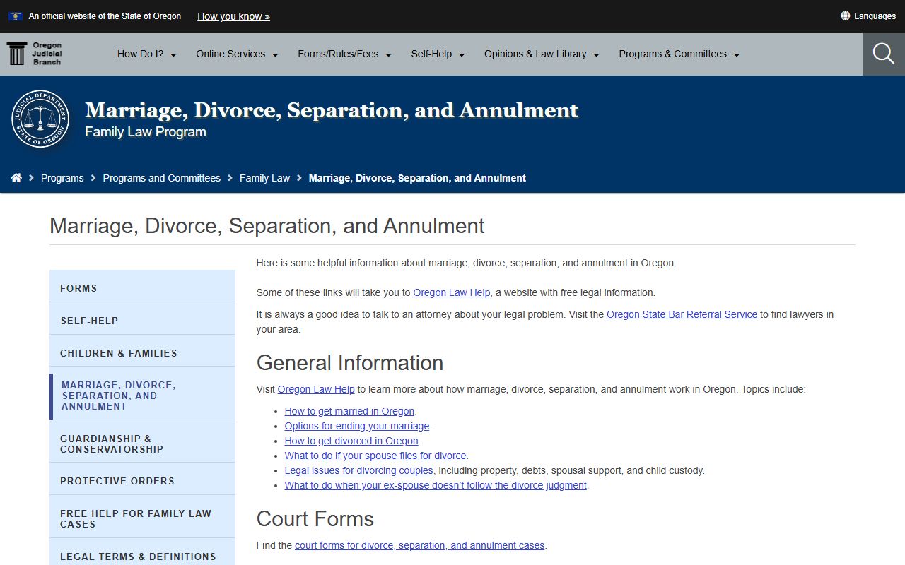 Washington County divorce records family-law marriage self-help page on the Oregon courts site