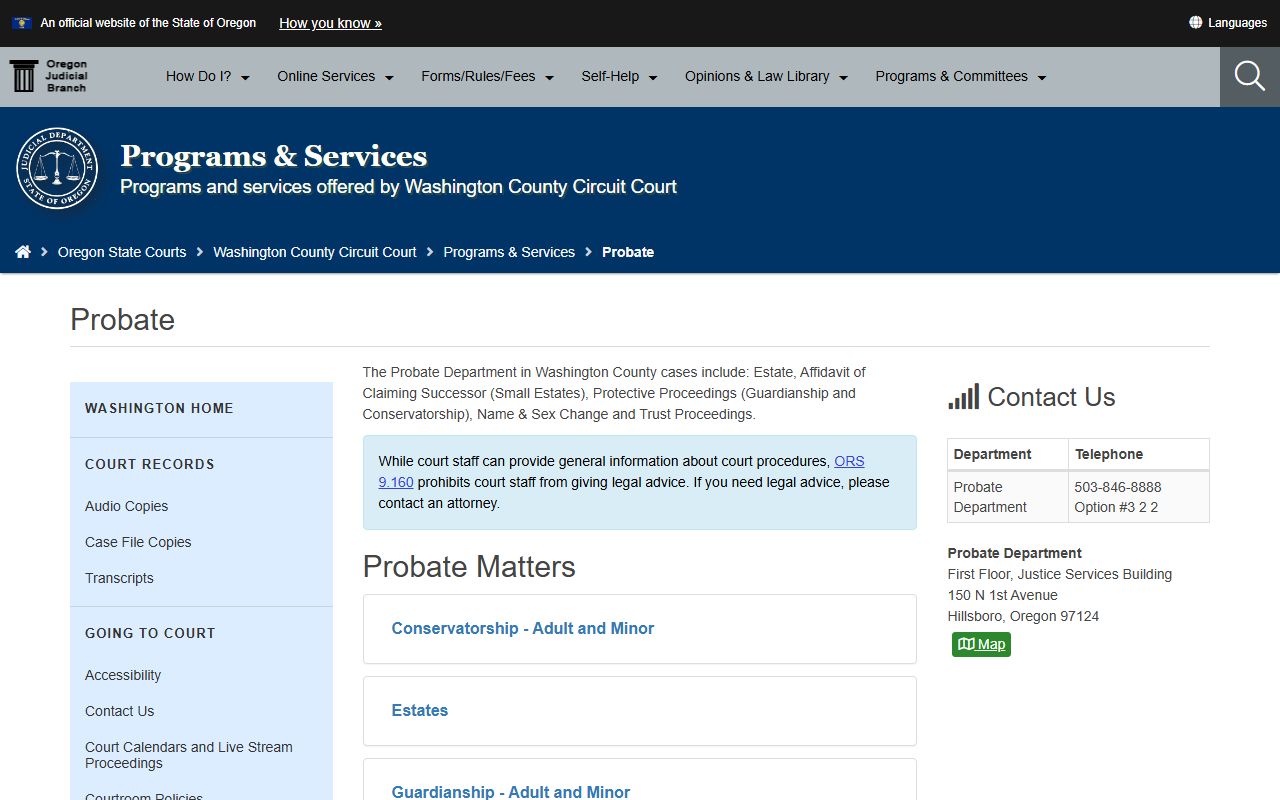 Washington County probate records program page on the Oregon Circuit Court site