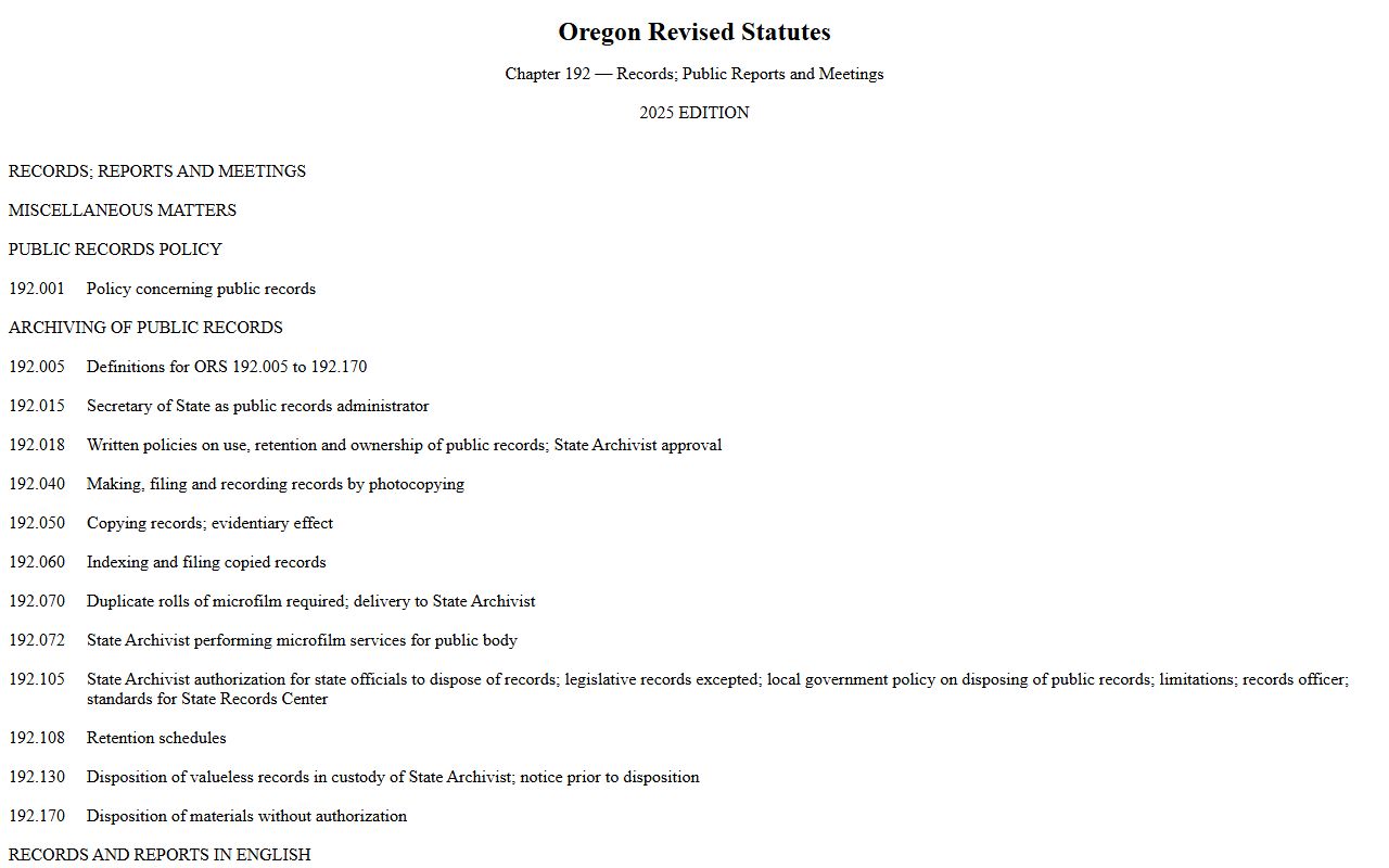 Washington County public records statute ORS chapter 192 on the Oregon Legislature site
