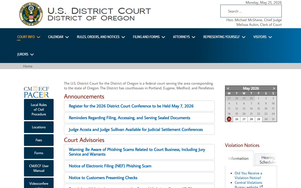 Washington County public records federal court site for the U.S. District Court for the District of Oregon