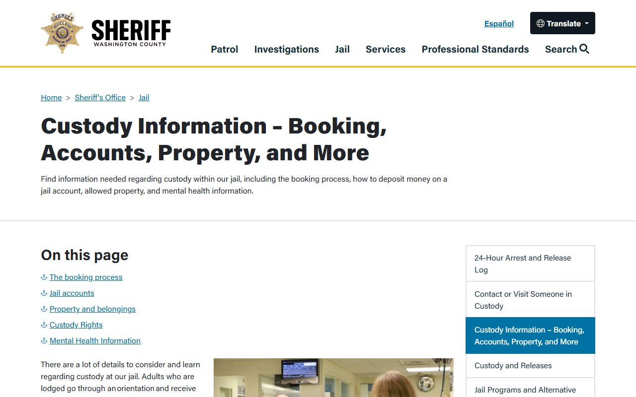 Washington County custody information page used to confirm released inmates