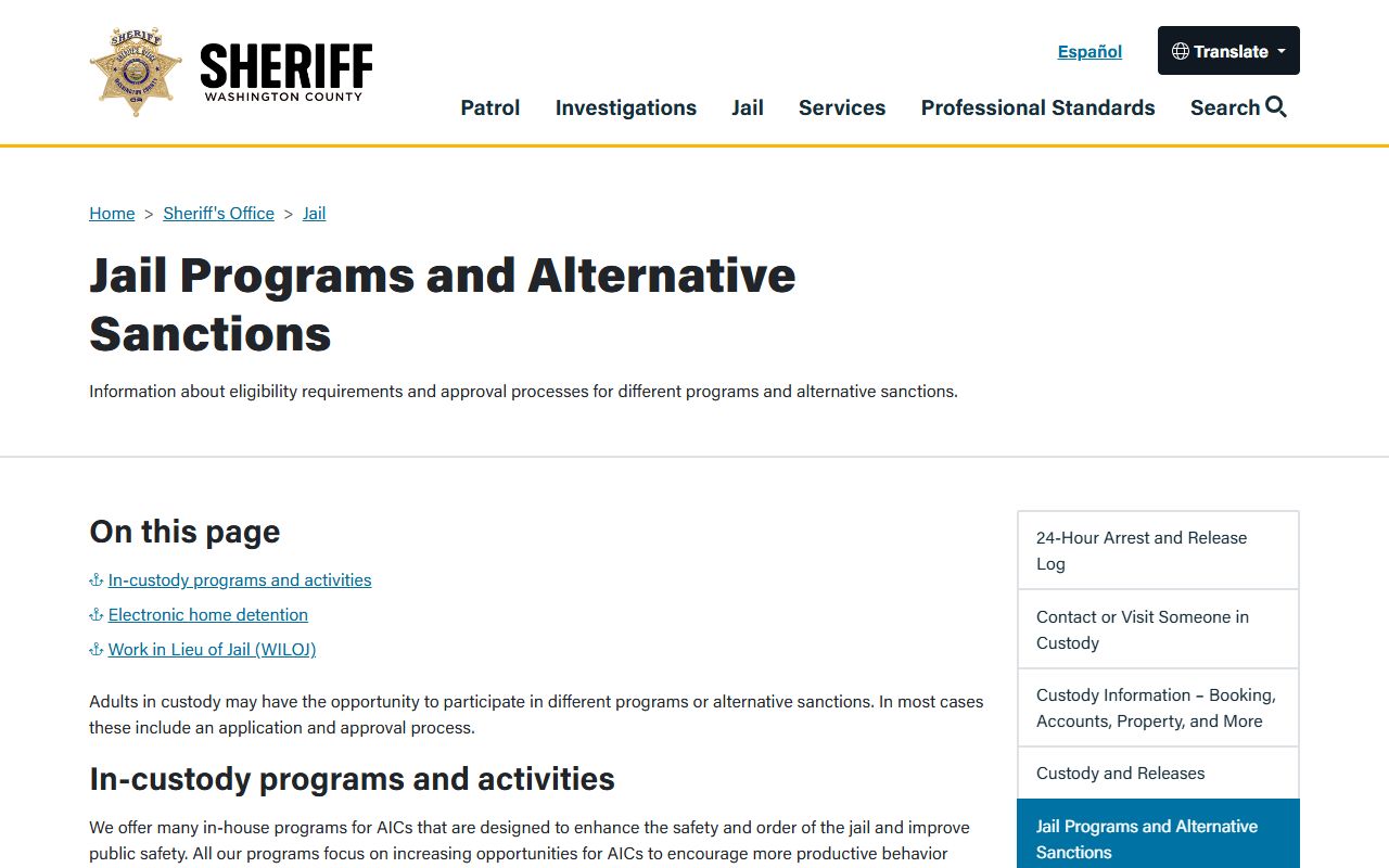 Washington County jail programs and alternative sanctions page tied to released inmates and reentry