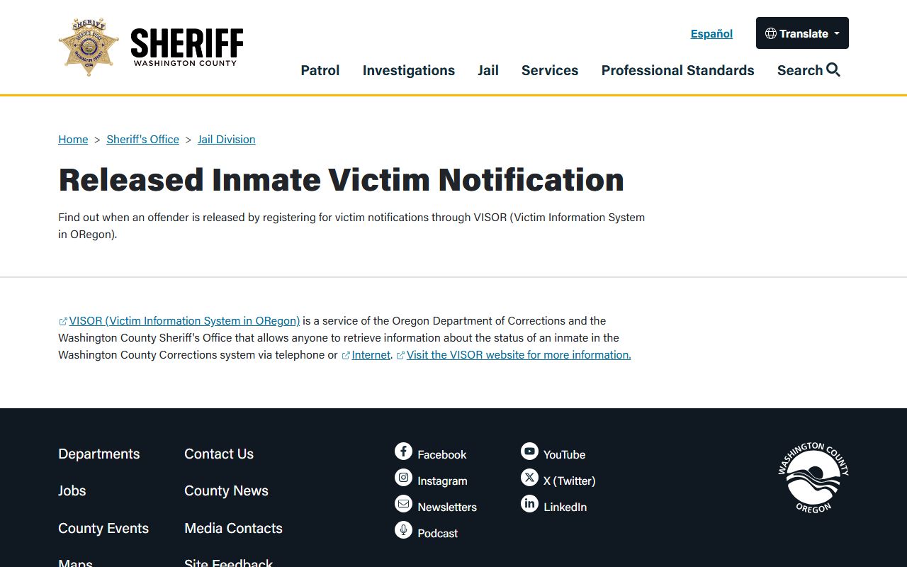 Washington County released inmate victim notification page for release alerts