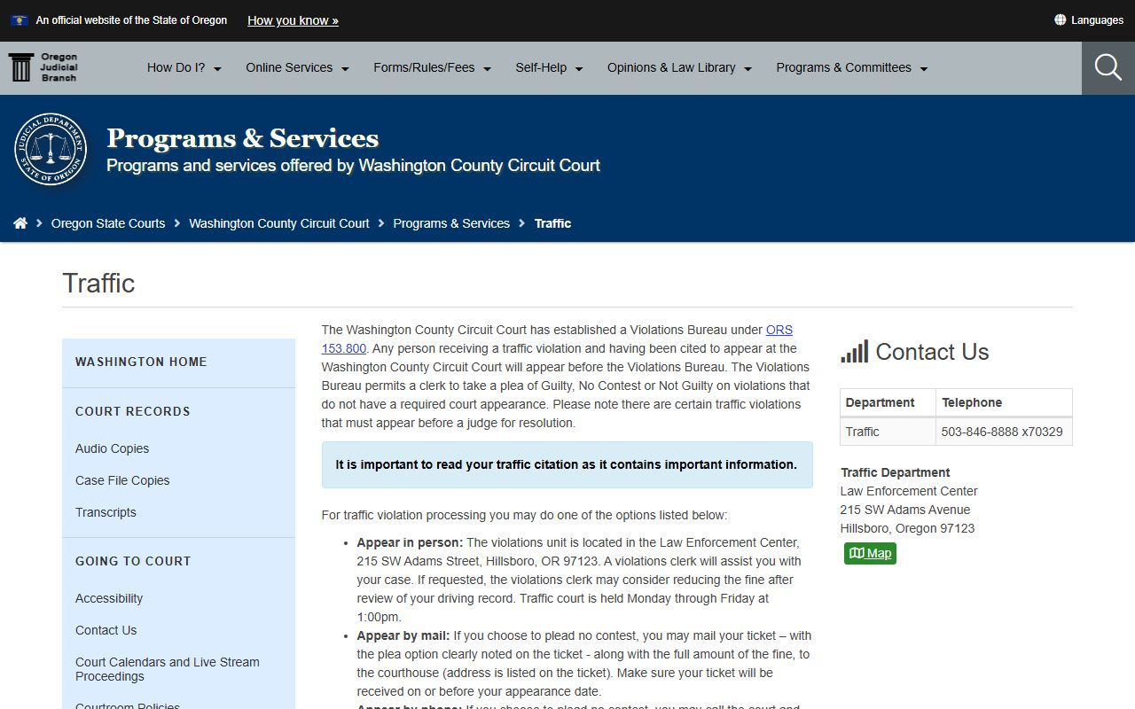 Washington County traffic court records program page on the Oregon courts site