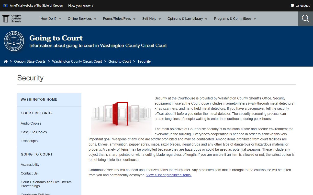 Washington County warrant records courthouse security and entry rules page