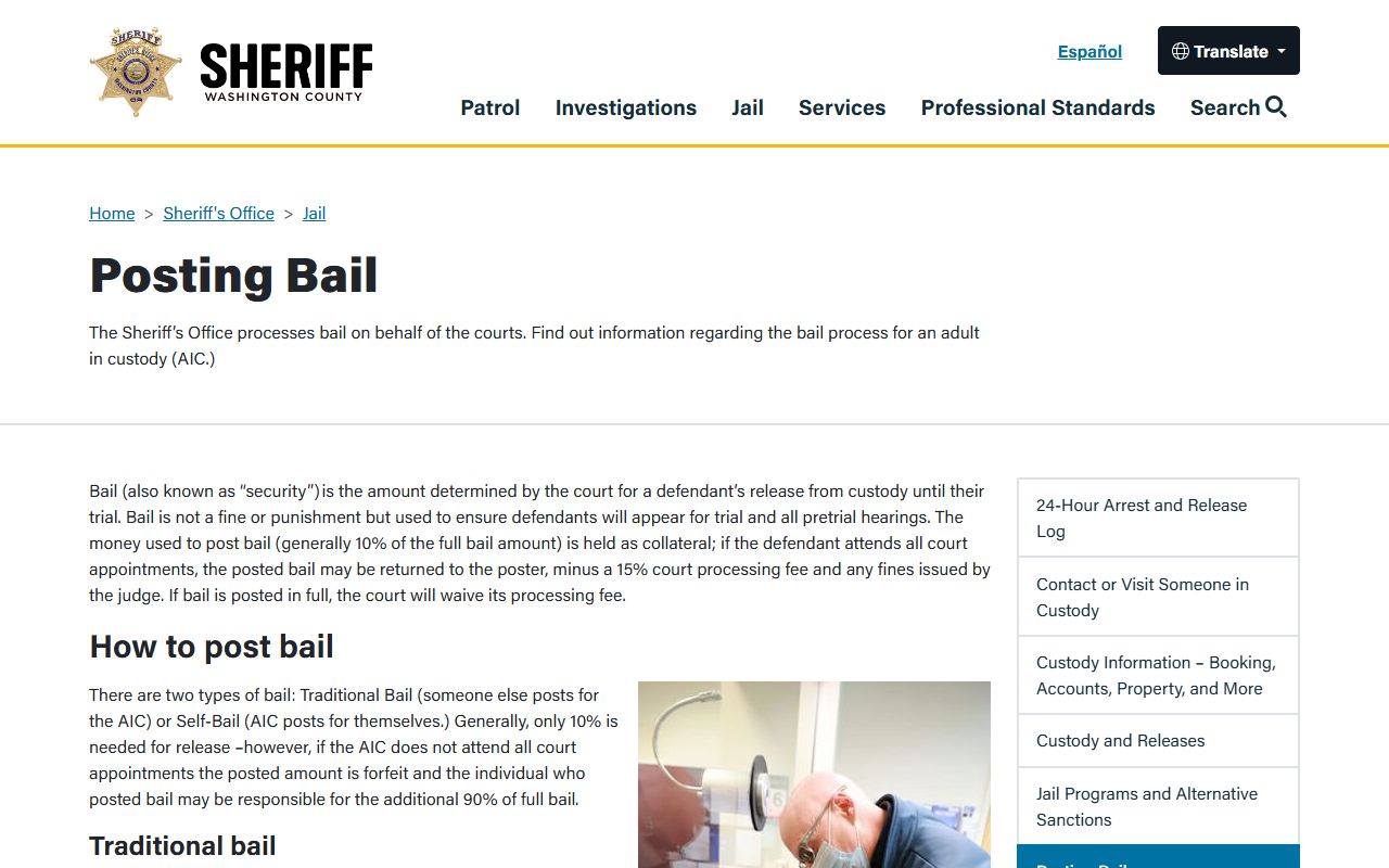 Washington County warrant records posting bail and security page on the sheriff jail site