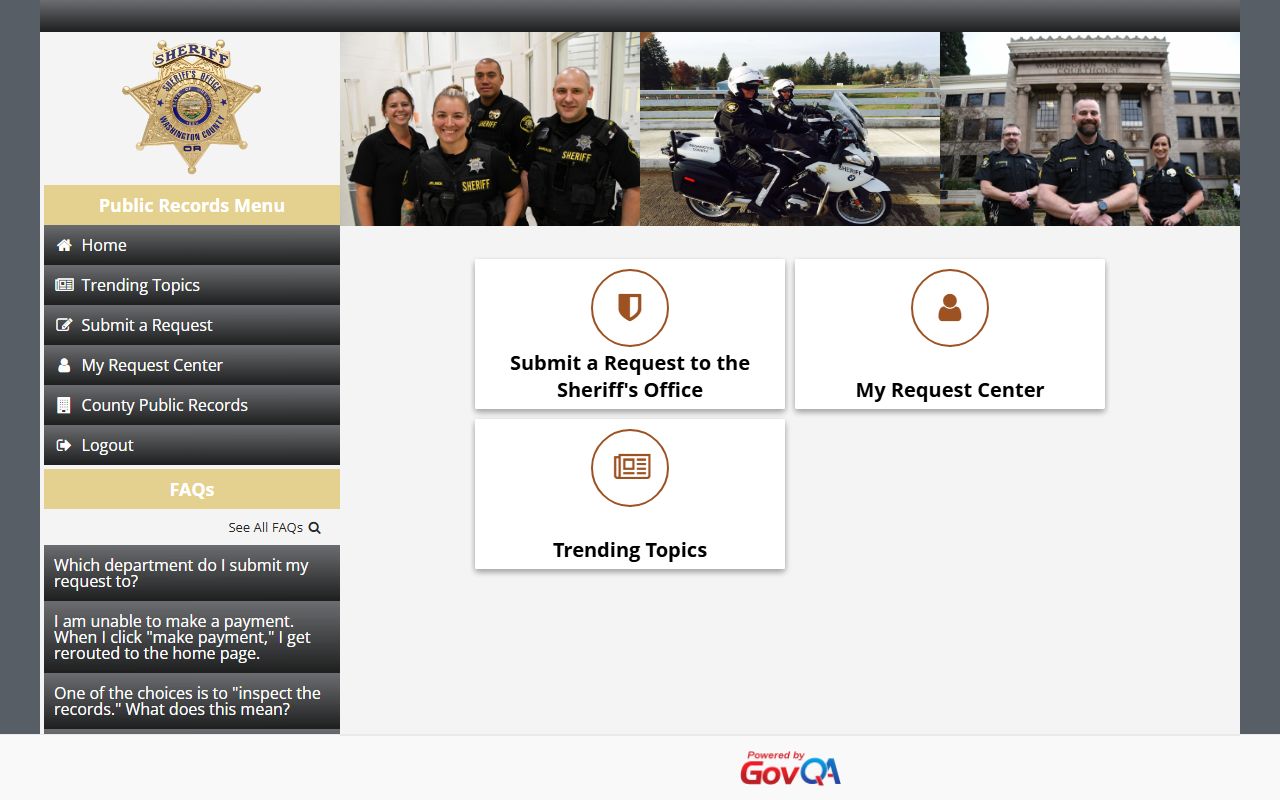 Washington County warrant records and sheriff police report request page